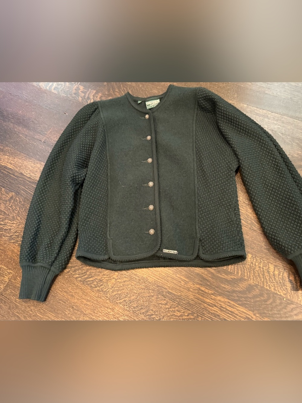 Auth. VTG GEIGER Austria Wool Puff sleeve Knit Combo Sweater/Jacket 34 green